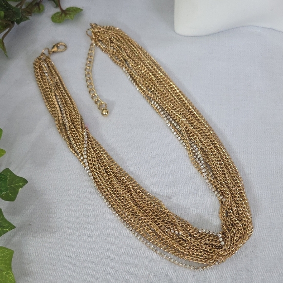 Gold Multi Strand Chain and Rhinestone Necklace - Picture 3 of 9